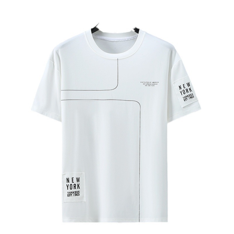 Ανδρικό T‑shirt κοντών μανικιών για μεγάλα μεγέθη, στρογγυλός λαιμός, καλοκαιρινή άνετη εφαρμογή, διαπνέουσα βαμβακερή μίξη με γεωμετρικό μοτίβο σε ρίγες