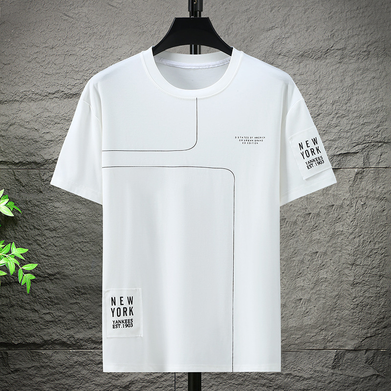 Ανδρικό T‑shirt κοντών μανικιών για μεγάλα μεγέθη, στρογγυλός λαιμός, καλοκαιρινή άνετη εφαρμογή, διαπνέουσα βαμβακερή μίξη με γεωμετρικό μοτίβο σε ρίγες