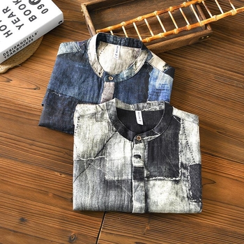 Ανδρικό λινό T‑shirt με ιαπωνικό ρετρό ύφος, χαλαρή γραμμή, στάντ κολάρο, κοντό μανίκι, φλοράλ εκτύπωση.