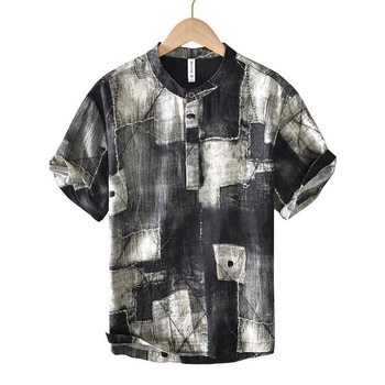 Ανδρικό λινό T‑shirt με ιαπωνικό ρετρό ύφος, χαλαρή γραμμή, στάντ κολάρο, κοντό μανίκι, φλοράλ εκτύπωση.