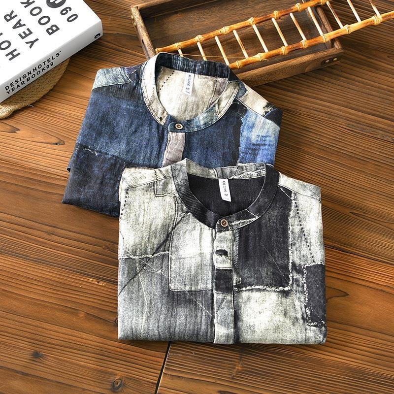 Ανδρικό λινό T‑shirt με ιαπωνικό ρετρό ύφος, χαλαρή γραμμή, στάντ κολάρο, κοντό μανίκι, φλοράλ εκτύπωση.