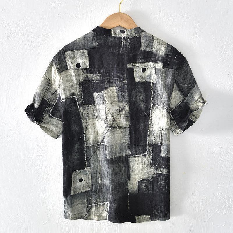 Ανδρικό λινό T‑shirt με ιαπωνικό ρετρό ύφος, χαλαρή γραμμή, στάντ κολάρο, κοντό μανίκι, φλοράλ εκτύπωση.