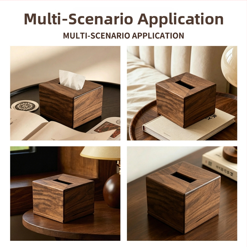Štvorec box na papierové utierky z amerického orecha, moderný minimalistický dizajn, rozmery 12×12×8 cm, vhodné do obývačky, spálne, hotela a jedálne