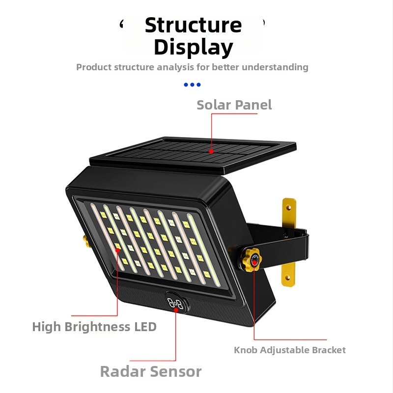 Solárny vonkajší záhradný floodlight s pohybovým senzorom, IP65, 20W, viacfunkčné osvetlenie.