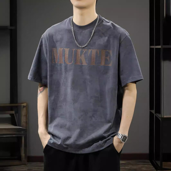 Ανδρική κοντομάνικη T‑shirt σε στυλ αμερικανικού βιντάζ, πλυμένη εμφάνιση, χαλαρή γραμμή, plus μέγεθος, εκτύπωση με γράμματα, λαιμός σε στρογγυλό κόψιμο