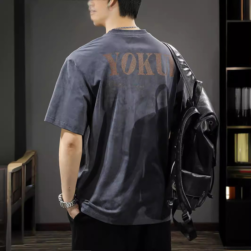 Ανδρική κοντομάνικη T‑shirt σε στυλ αμερικανικού βιντάζ, πλυμένη εμφάνιση, χαλαρή γραμμή, plus μέγεθος, εκτύπωση με γράμματα, λαιμός σε στρογγυλό κόψιμο