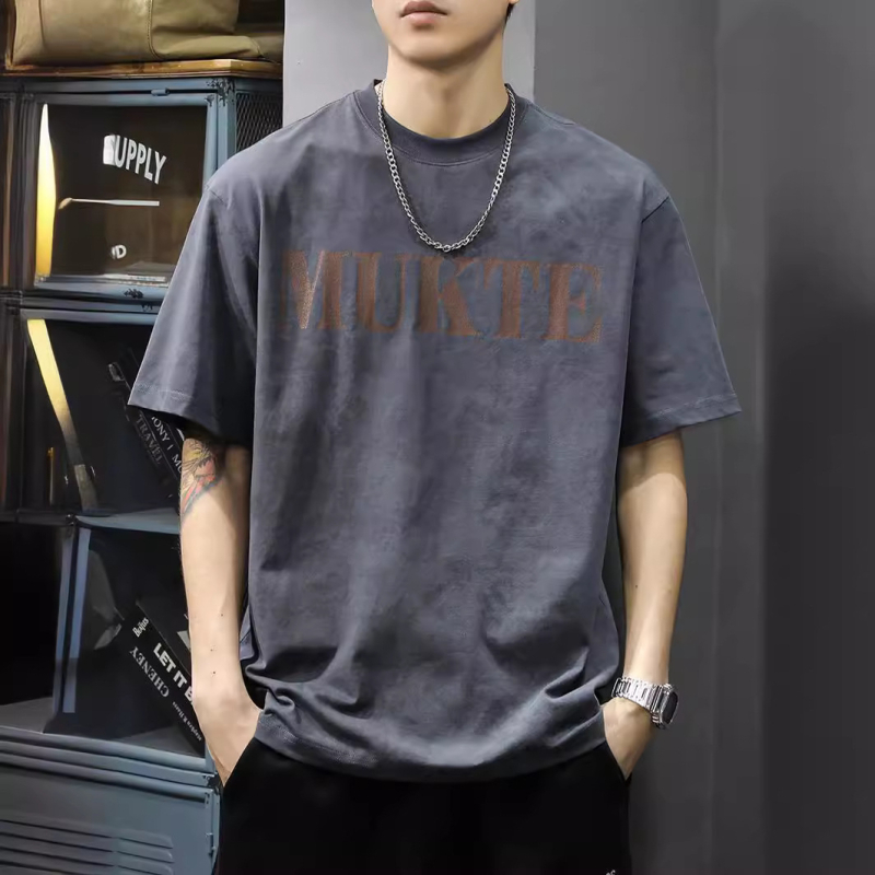 Ανδρική κοντομάνικη T‑shirt σε στυλ αμερικανικού βιντάζ, πλυμένη εμφάνιση, χαλαρή γραμμή, plus μέγεθος, εκτύπωση με γράμματα, λαιμός σε στρογγυλό κόψιμο