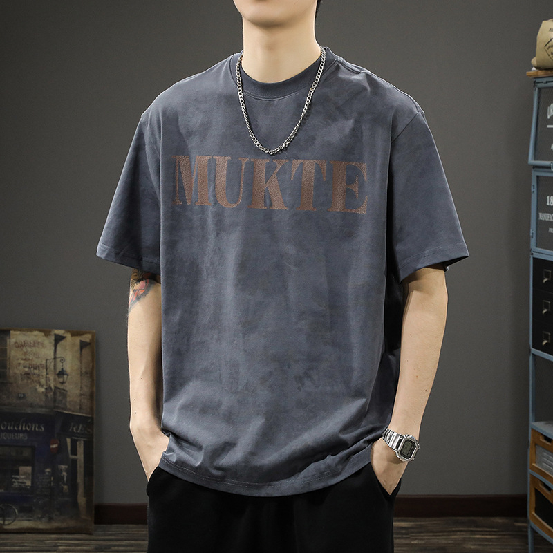 Ανδρική κοντομάνικη T‑shirt σε στυλ αμερικανικού βιντάζ, πλυμένη εμφάνιση, χαλαρή γραμμή, plus μέγεθος, εκτύπωση με γράμματα, λαιμός σε στρογγυλό κόψιμο