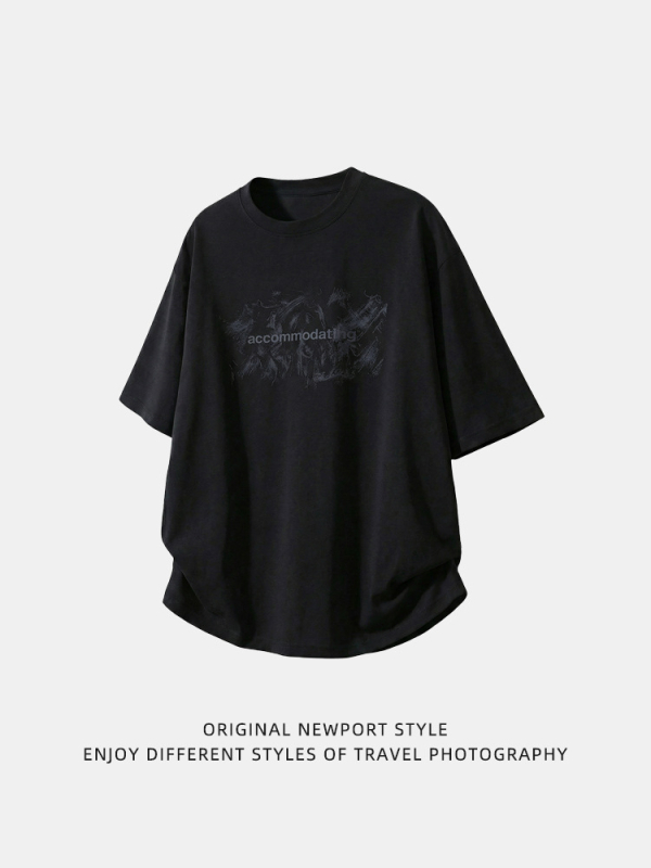 Ανδρικό κοντομάνικο T‑shirt με graffiti εκτύπωση, 100% βαμβάκι, χαλαρή γραμμή, καλοκαιρινή καθημερινή εμφάνιση