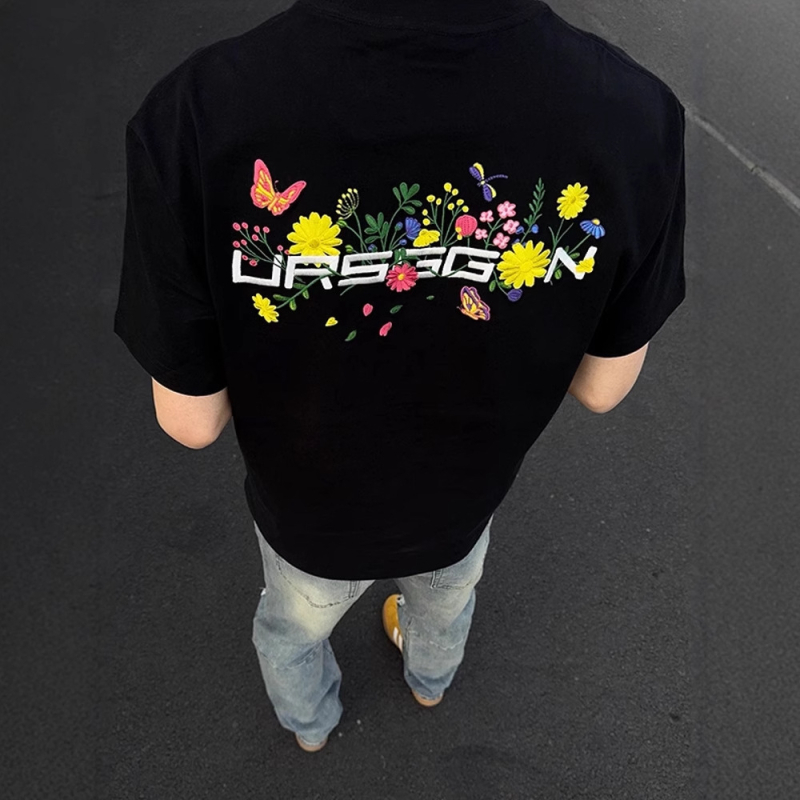 Cleanfit ανδρικό T-shirt με κοντά μανίκια, πίσω φλοράλ εκτύπωση, στρογγυλός λαιμός, χαλαρή γραμμή, καλοκαίρι