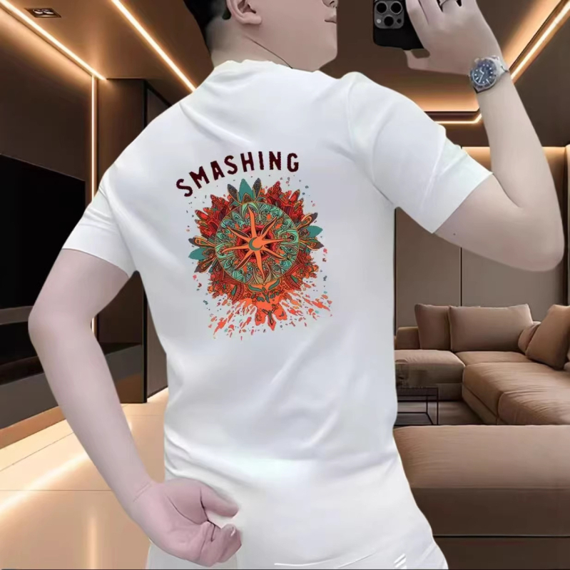 Ανδρικό κοντομάνικο T‑shirt με στρογγυλό λαιμό, αμερικανικό ρετρό εκτύπωση, δροσερό και στυλάτο, από βαμβάκι