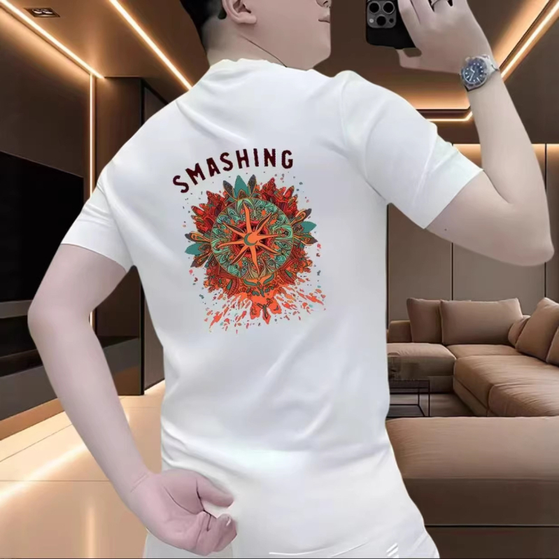 Ανδρικό κοντομάνικο T‑shirt με στρογγυλό λαιμό, αμερικανικό ρετρό εκτύπωση, δροσερό και στυλάτο, από βαμβάκι