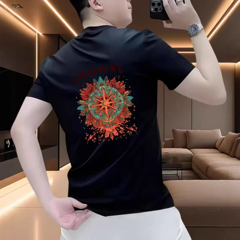 Ανδρικό κοντομάνικο T‑shirt με στρογγυλό λαιμό, αμερικανικό ρετρό εκτύπωση, δροσερό και στυλάτο, από βαμβάκι
