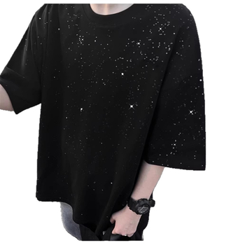 Μοντέρνο χαλαρό κοντομάνικο T-shirt με αστραφτερές παγιέτες σε σχέδιο με αστέρια, 100% βαμβάκι, στρογγυλή λαιμόκοψη, μονόχρωμο – για εφήβους και άνδρες