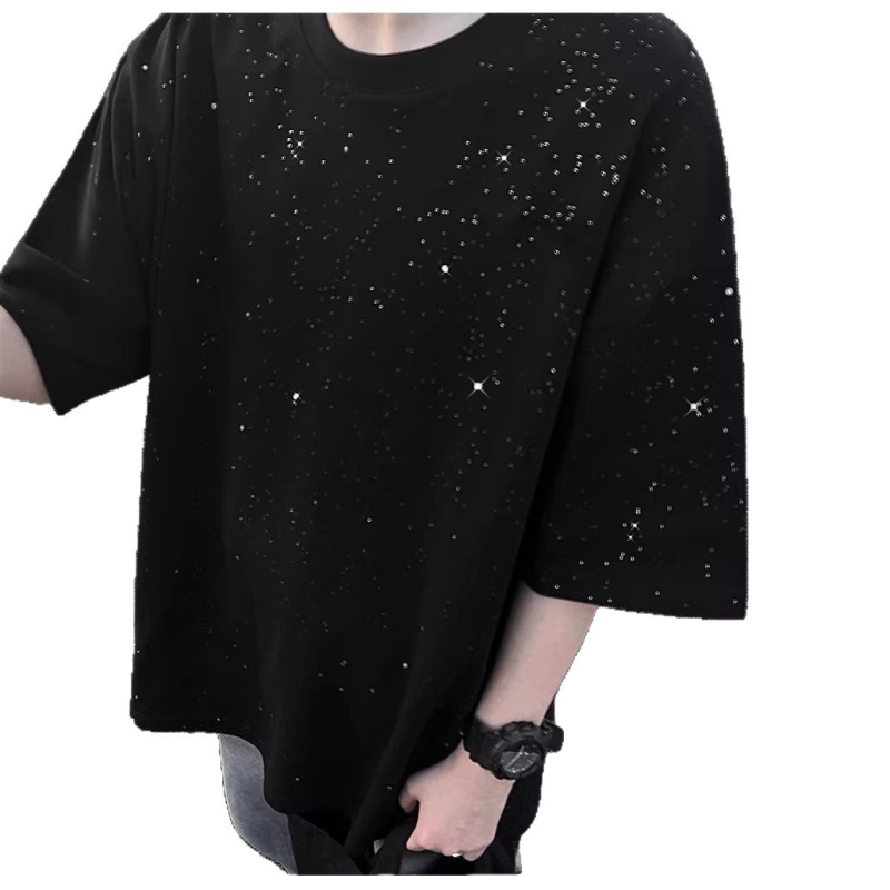 Μοντέρνο χαλαρό κοντομάνικο T-shirt με αστραφτερές παγιέτες σε σχέδιο με αστέρια, 100% βαμβάκι, στρογγυλή λαιμόκοψη, μονόχρωμο – για εφήβους και άνδρες