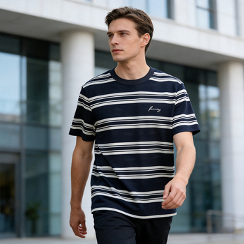 Ανδρικό καλοκαιρινό βαμβακερό T-shirt με στρογγυλό λαιμό, κοντό μανίκι, ριγέ, χαλαρή γραμμή, καθημερινή άνεση