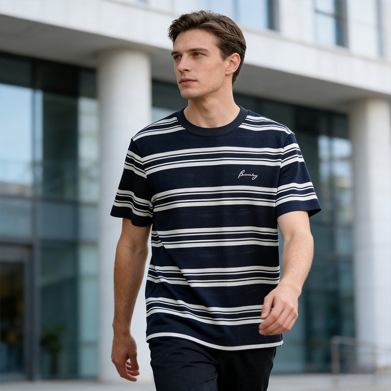 Ανδρικό καλοκαιρινό βαμβακερό T-shirt με στρογγυλό λαιμό, κοντό μανίκι, ριγέ, χαλαρή γραμμή, καθημερινή άνεση