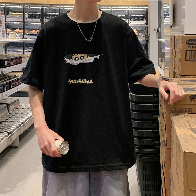 Ανδρικό κοντομάνικο βαμβακερό T-shirt με εκτύπωση γραμμάτων, στρογγυλό λαιμό, χαλαρή γραμμή, για όλες τις εποχές