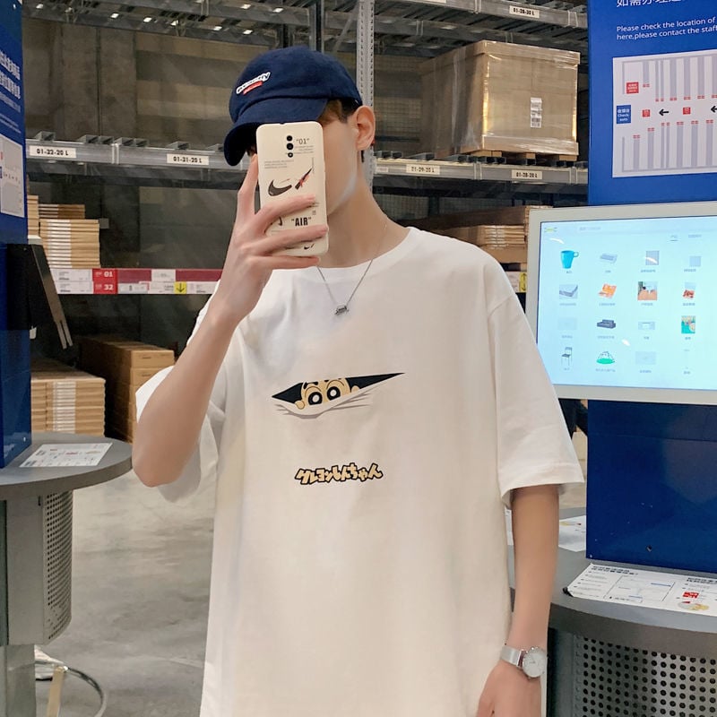 Ανδρικό κοντομάνικο βαμβακερό T-shirt με εκτύπωση γραμμάτων, στρογγυλό λαιμό, χαλαρή γραμμή, για όλες τις εποχές