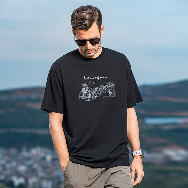 Ανδρικό καλοκαιρινό T‑shirt με εκτύπωση, κοντομάνικο, στρογγυλή λαιμόκοψη, ελαφριά μίξη βαμβακιού