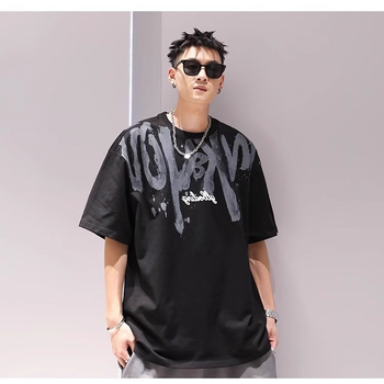 Νέος Αμερικανικού στυλ αντρικό T‑shirt από βαρύ βαμβάκι, κοντό μανίκι, για καλοκαίρι, χιπ-χοπ σχέδιο με μεγάλα γράμματα