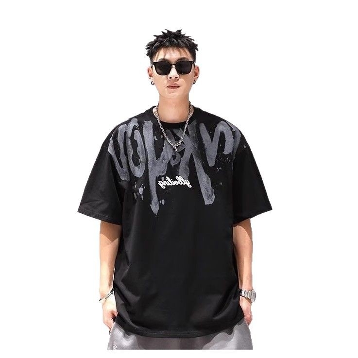 Νέος Αμερικανικού στυλ αντρικό T‑shirt από βαρύ βαμβάκι, κοντό μανίκι, για καλοκαίρι, χιπ-χοπ σχέδιο με μεγάλα γράμματα
