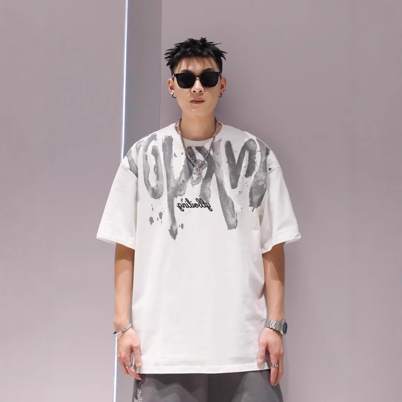 Νέος Αμερικανικού στυλ αντρικό T‑shirt από βαρύ βαμβάκι, κοντό μανίκι, για καλοκαίρι, χιπ-χοπ σχέδιο με μεγάλα γράμματα