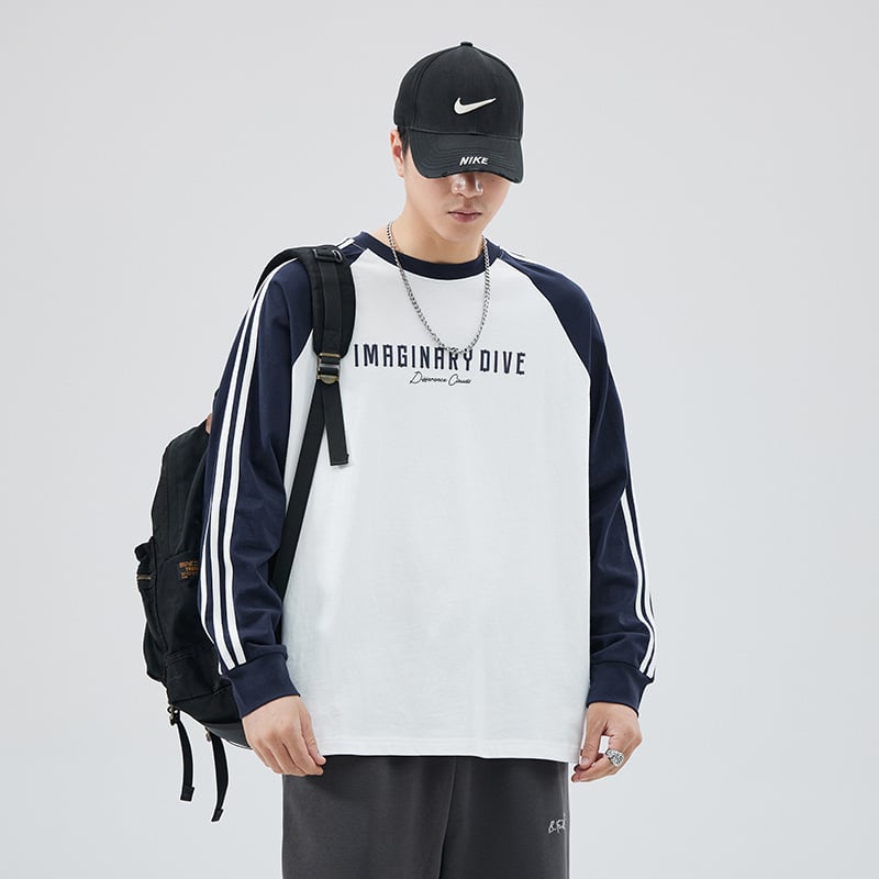 Ανδρικό Raglan T-shirt με μακριά μανίκια, τρεις ρίγες, φαρδιά γραμμή, βαμβακερό, για άνοιξη-φθινόπωρο