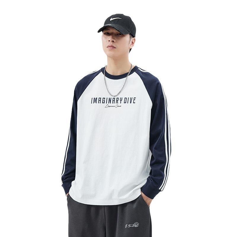 Ανδρικό Raglan T-shirt με μακριά μανίκια, τρεις ρίγες, φαρδιά γραμμή, βαμβακερό, για άνοιξη-φθινόπωρο