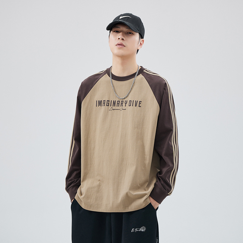Ανδρικό Raglan T-shirt με μακριά μανίκια, τρεις ρίγες, φαρδιά γραμμή, βαμβακερό, για άνοιξη-φθινόπωρο