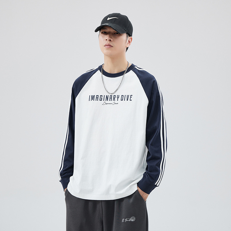 Ανδρικό Raglan T-shirt με μακριά μανίκια, τρεις ρίγες, φαρδιά γραμμή, βαμβακερό, για άνοιξη-φθινόπωρο