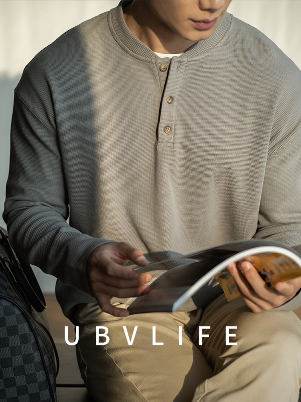 Urban Casual Series Ανδρικό μακρυμάνικο T-Shirt με βάφλες υφής και γιακά baseball, άνοιξη 2026, Henley στυλ