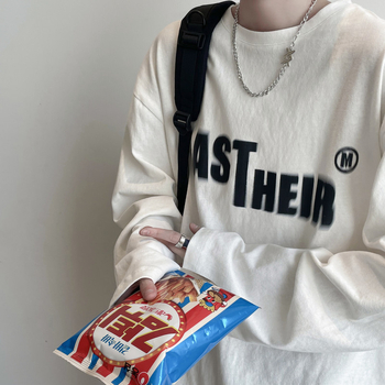 Λευκό αντρικό μακρυμάνικο T‑shirt, άνετη γραμμή για φθινόπωρο, έμπνευση Hong Kong street, μόδα άνοιξη-φθινόπωρο, 100% βαμβάκι