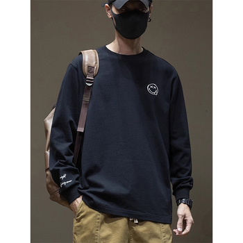 Αντρικό μακρυμάνικο T‑shirt σε ιαπωνικό στυλ με εκτύπωση χαμόγελου, χαλαρή εφαρμογή, plus size, στρογγυλός λαιμός, 100% βαμβάκι, βασικό κορμάκι για στρώση