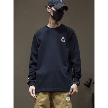 Αντρικό μακρυμάνικο T‑shirt σε ιαπωνικό στυλ με εκτύπωση χαμόγελου, χαλαρή εφαρμογή, plus size, στρογγυλός λαιμός, 100% βαμβάκι, βασικό κορμάκι για στρώση