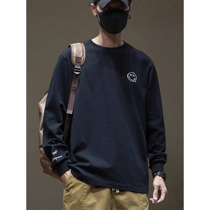 Αντρικό μακρυμάνικο T‑shirt σε ιαπωνικό στυλ με εκτύπωση χαμόγελου, χαλαρή εφαρμογή, plus size, στρογγυλός λαιμός, 100% βαμβάκι, βασικό κορμάκι για στρώση