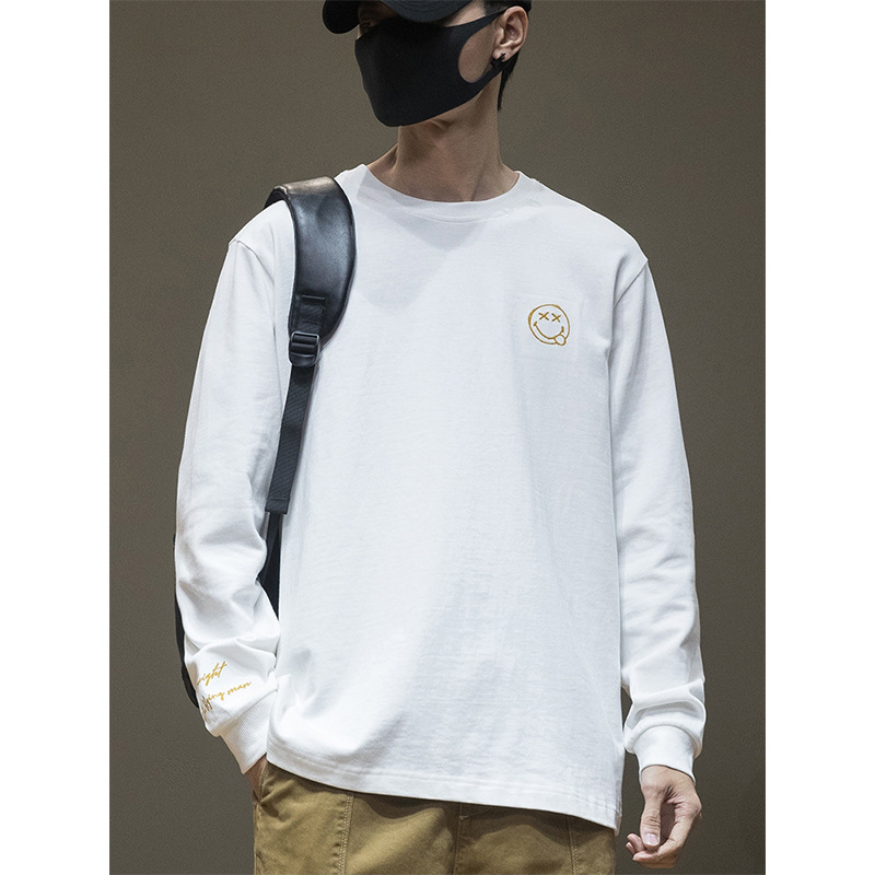 Αντρικό μακρυμάνικο T‑shirt σε ιαπωνικό στυλ με εκτύπωση χαμόγελου, χαλαρή εφαρμογή, plus size, στρογγυλός λαιμός, 100% βαμβάκι, βασικό κορμάκι για στρώση