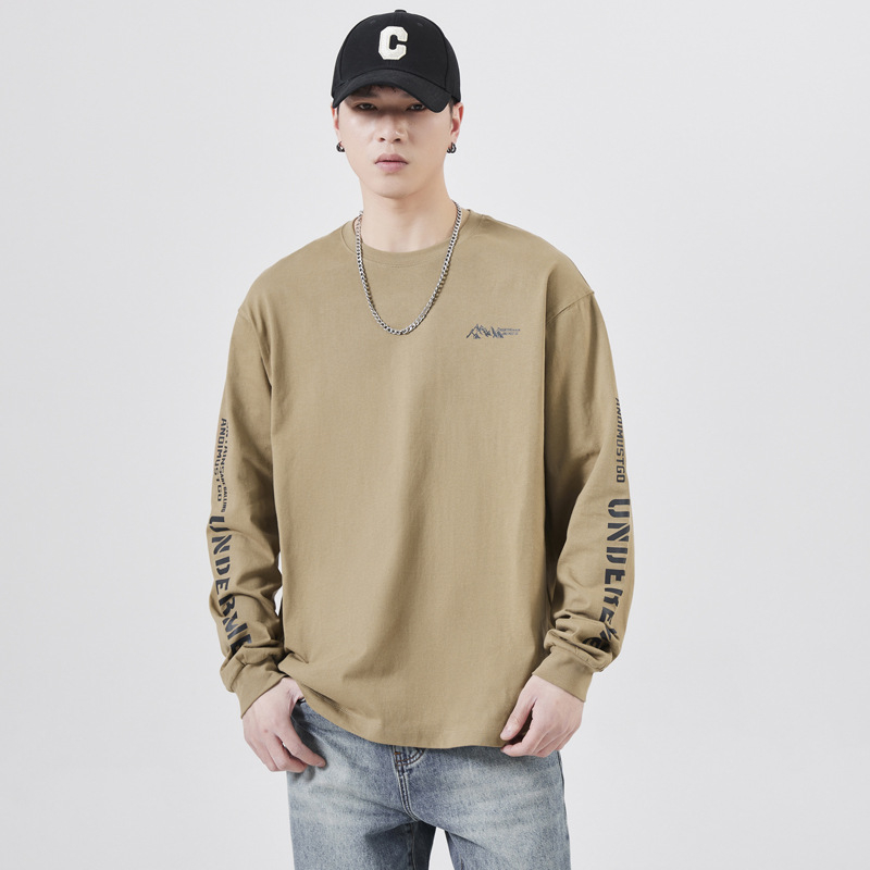 Ανδρικό μακρυμάνικο T‑shirt με εκτύπωση, χαλαρή εφαρμογή, στρογγυλός λαιμός, φθινοπωρινό 2024, 100% βαμβάκι