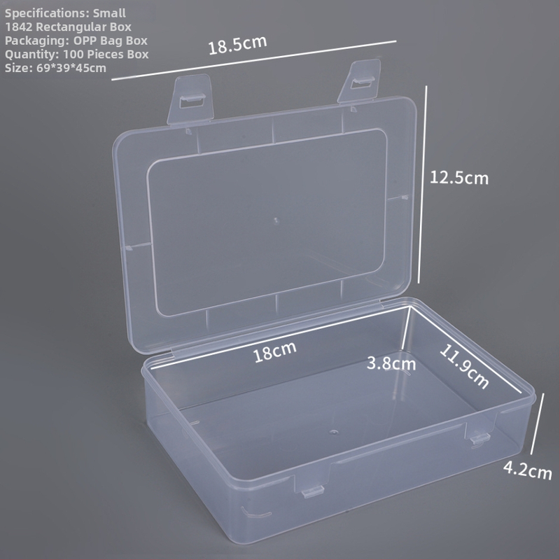 Malá obdĺžniková plastová krabička na skladovanie s vekom, priehľadná, rozmery 18.5 × 12.5 × 4.2 cm – krabička na prezentačné vzorky