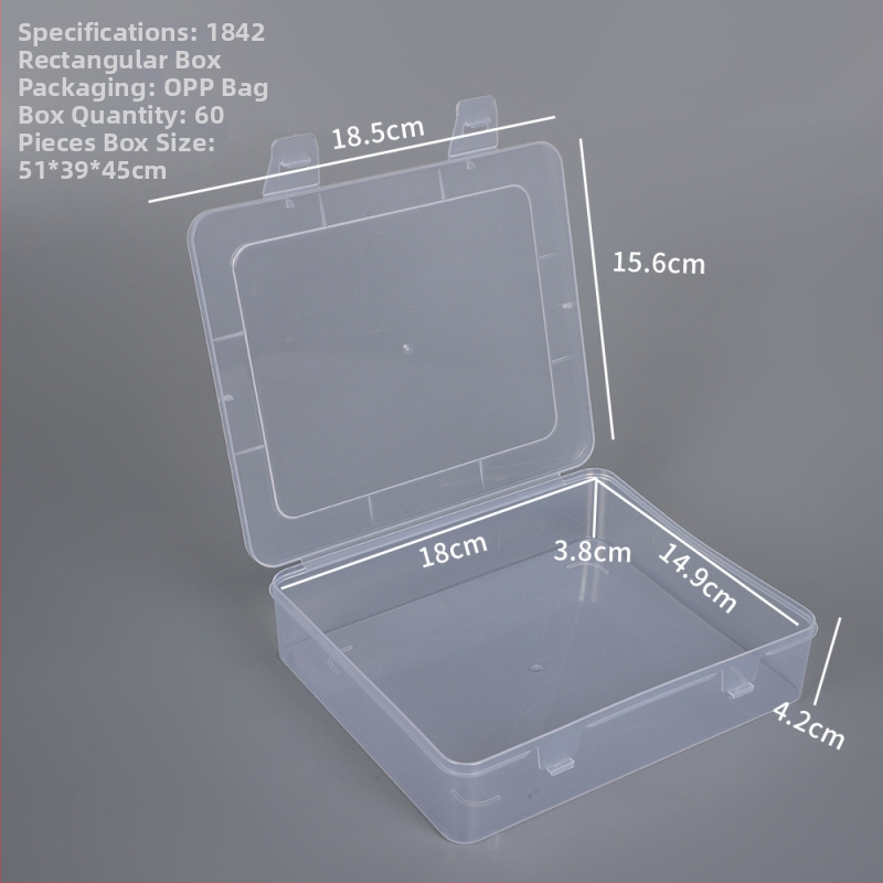 Malá obdĺžniková plastová krabička na skladovanie s vekom, priehľadná, rozmery 18.5 × 12.5 × 4.2 cm – krabička na prezentačné vzorky
