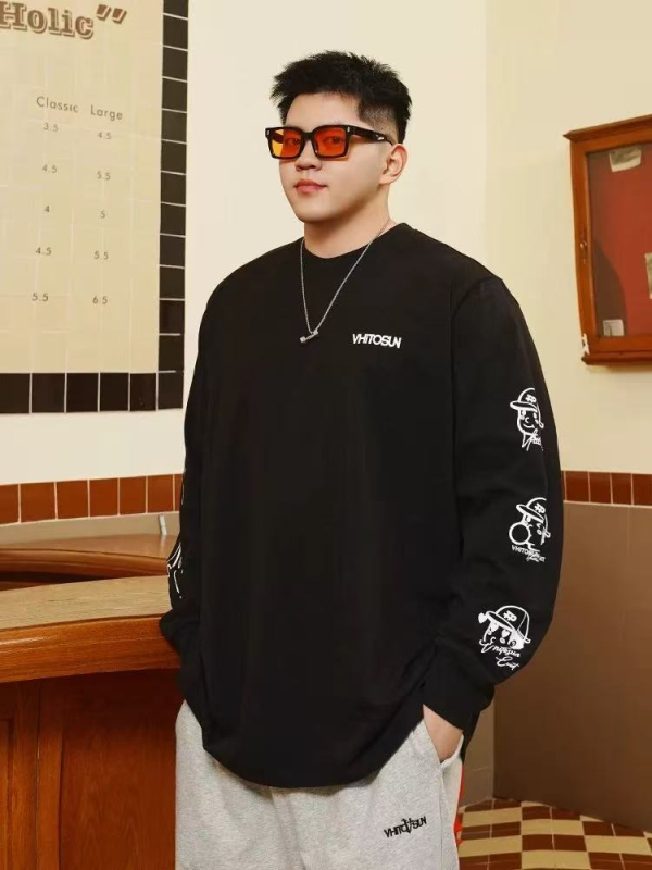 Ανδρικό μακρυμάνικο T-shirt από καθαρό βαμβάκι σε μεγάλο μέγεθος, χαλαρή εφαρμογή, εκτύπωση με χαρακτήρα καρτούν, για άνοιξη και φθινόπωρο