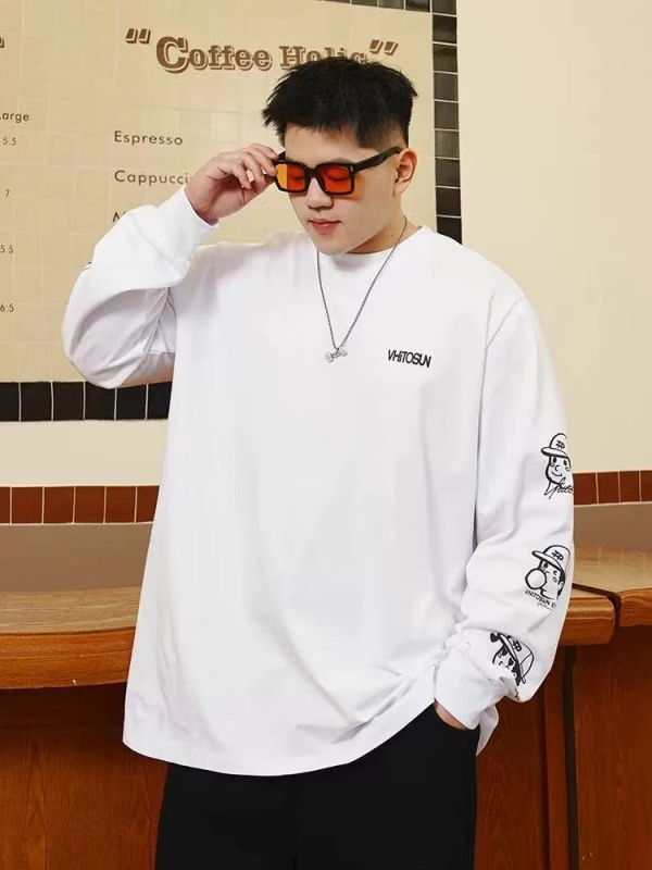 Ανδρικό μακρυμάνικο T-shirt από καθαρό βαμβάκι σε μεγάλο μέγεθος, χαλαρή εφαρμογή, εκτύπωση με χαρακτήρα καρτούν, για άνοιξη και φθινόπωρο
