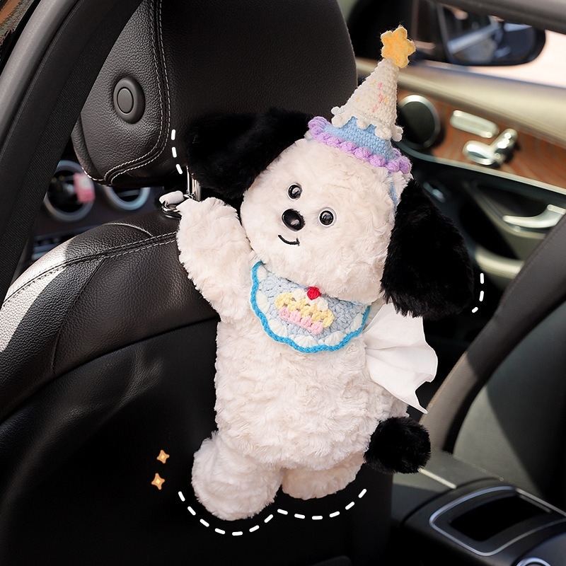 Suport pluș pentru șervețele auto, cu un cățeluș drăguț – decor inspirat din desene animate