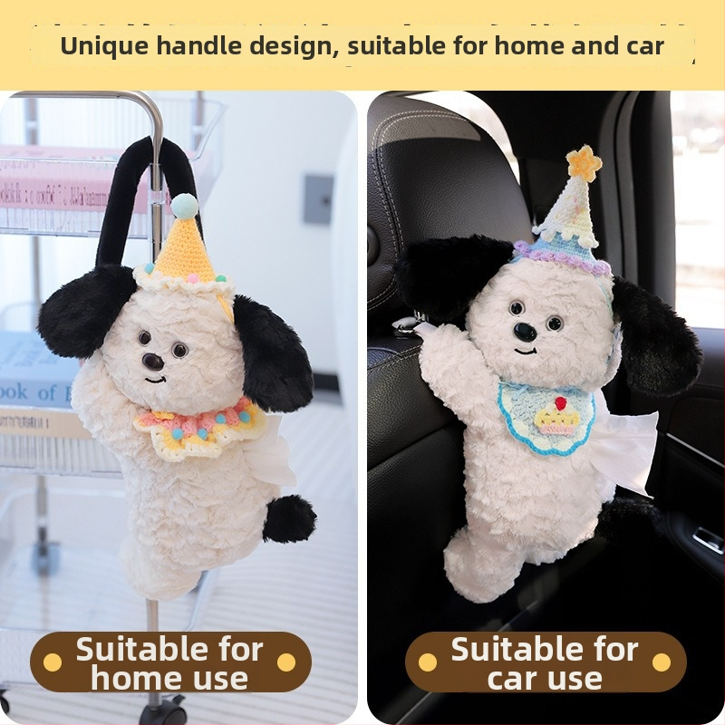 Suport pluș pentru șervețele auto, cu un cățeluș drăguț – decor inspirat din desene animate