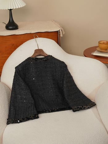 Anfiona 2026 Μαύρο Tweed Jacket με παγιέτες, στρογγυλός λαιμός, κρυφά κουμπιά, ελαφρώς φαρδιές μανσέτες και χαλαρή γραμμή για γυναίκες