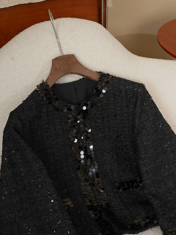 Anfiona 2026 Μαύρο Tweed Jacket με παγιέτες, στρογγυλός λαιμός, κρυφά κουμπιά, ελαφρώς φαρδιές μανσέτες και χαλαρή γραμμή για γυναίκες