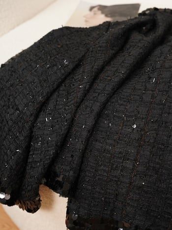 Anfiona 2026 Μαύρο Tweed Jacket με παγιέτες, στρογγυλός λαιμός, κρυφά κουμπιά, ελαφρώς φαρδιές μανσέτες και χαλαρή γραμμή για γυναίκες