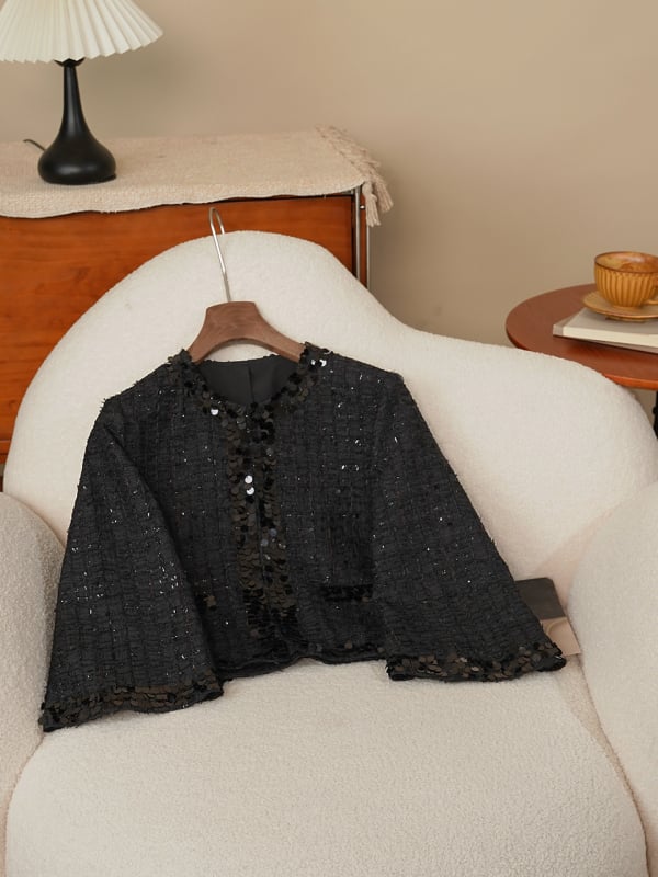 Anfiona 2026 Μαύρο Tweed Jacket με παγιέτες, στρογγυλός λαιμός, κρυφά κουμπιά, ελαφρώς φαρδιές μανσέτες και χαλαρή γραμμή για γυναίκες