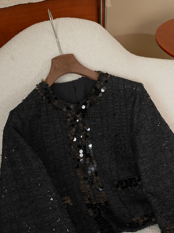 Anfiona 2026 Μαύρο Tweed Jacket με παγιέτες, στρογγυλός λαιμός, κρυφά κουμπιά, ελαφρώς φαρδιές μανσέτες και χαλαρή γραμμή για γυναίκες