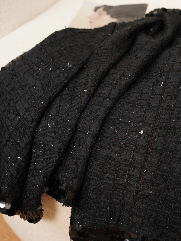 Anfiona 2026 Μαύρο Tweed Jacket με παγιέτες, στρογγυλός λαιμός, κρυφά κουμπιά, ελαφρώς φαρδιές μανσέτες και χαλαρή γραμμή για γυναίκες